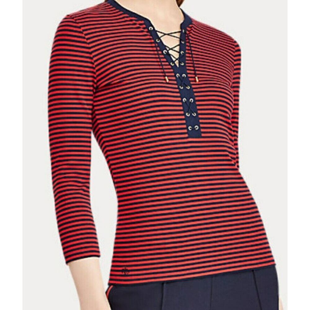 Ralph Lauren Top‎ Women's Small Red & Navy Blue Stripe Lace-up 3/4 Sleeve Shirt